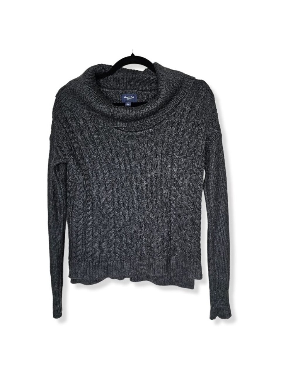 American Eagle XS Fisherman Sweater Grey Cowl Neck Cable Knit Dark Academia